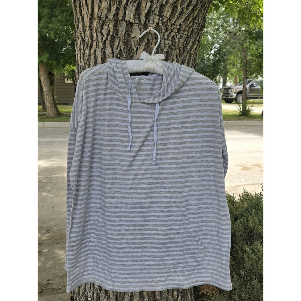 Half Moon Size L Women's Hooded Pullover Gray And White Striped